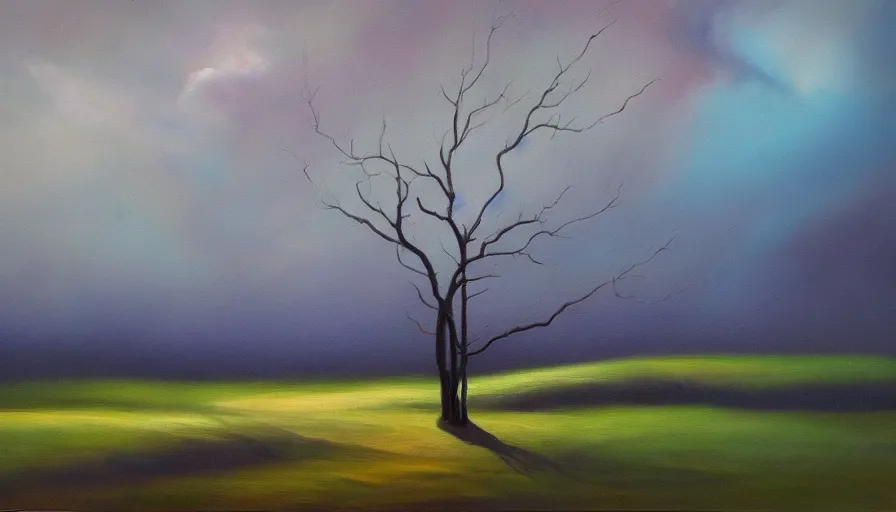 Image similar to A beautiful abstract oil painting of a rainy landscape; lightning; a lonely tree