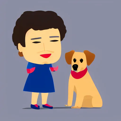 Prompt: a flat design illustration of a grandma with a dog. the grandma using a smart phone. the illustration using only solid colors, the colors are red, gray and white.