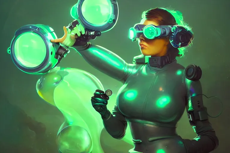 Prompt: a female scientist wearing futuristic goggles, experimenting on green glowy goo, cinematic lighting, peter mohrbacher, wlop, trending on artstation