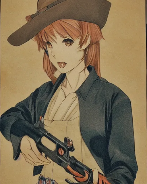 Image similar to portrait of a girl holding a pistol, detailed manga art panel, professional