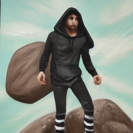 Image similar to a painting in gothic style of a guy with white hoodie pushing a big rock. modern clothes