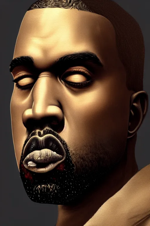 Image similar to a demonic horrific portrait of kanye west, white eyes, bored, illustration, soft lighting, soft details, painting oil on canvas by edmund blair leighton and charlie bowater octane render, hdr, trending on artstation, 4 k, 8 k, hd