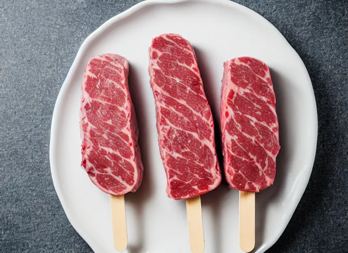 Image similar to dslr food photograph of frozen raw steak popsicle, 8 5 mm f 1. 8