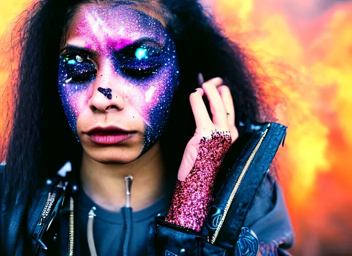 Image similar to Cinestill 50d photograph of a techwear mixed woman wearing thick mascara and dark glitter makeup crying outside of a city on fire, tattoos, tilted frame, 4k, 8k, hd, full color, bokeh