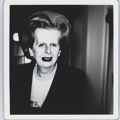 Prompt: polaroid photo of zombie margareth thatcher the final boss of capitalism