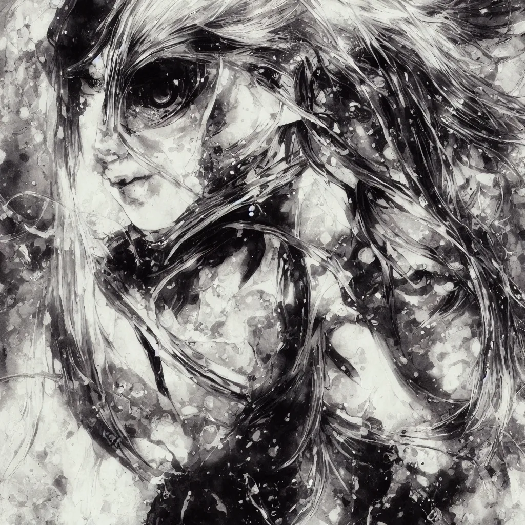 Image similar to Yoshitaka Amano blurred and dreamy illustration of an anime girl with pirate eye patch, wavy white hair and cracks on her face wearing Elden ring armour with the cape fluttering in the wind, abstract black and white patterns on the background, noisy film grain effect, highly detailed, Renaissance oil painting, weird portrait angle