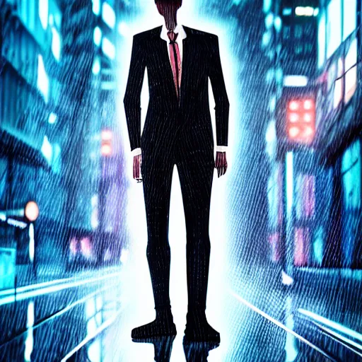 Image similar to stylish man cartoon portrait made out of rain, pinstripe suit, cyberpunk background, rendered in octane, unreal engine, highly detailed, trending on artstation, realistic, neon, beautiful, volumetric lighting, depth of field, glowing eyes