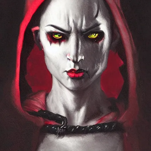 Image similar to masterpiece portrait of a surly and resentful female tiefling thief with red red red red red skin pure black eyes and sclera and horns wearing a black hooded cloak and a thief's leather garb, by Greg Rutkowski, as seen on ArtStation, 4k, dungeons and dragons, very aesthetic, very detailed, intricate, unreal, fantasy, dramatic, painterly, artstation, sharp focus, smooth