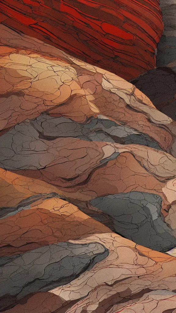 Prompt: vivid color, sedimentary schematic, organic swirling igneous rock, marbled veins, architectural drawing with layers of strata, ochre, sienna, gray, olive, dramatic lighting, rock texture, sand by James jean, geology, octane render in the style of Luis García Mozos