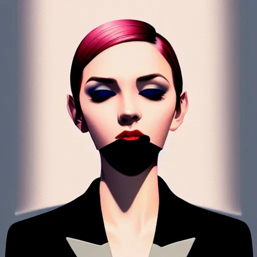 Image similar to rich young female in black tuxedo, scornful, disdainful, muted colors, matte print, pastel colors, 2d, ultra highly detailed, smooth, sharp focus, digital art, digital painting, fan art, elegant, artstation, head is centered, by Ilya Kuvshinov