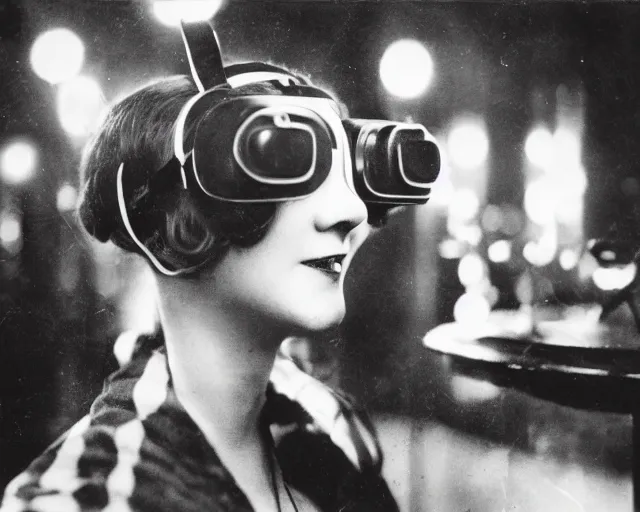 Image similar to 1 9 2 0 s photo of a flapper girl wearing a vr headset on a stage in a speakeasy