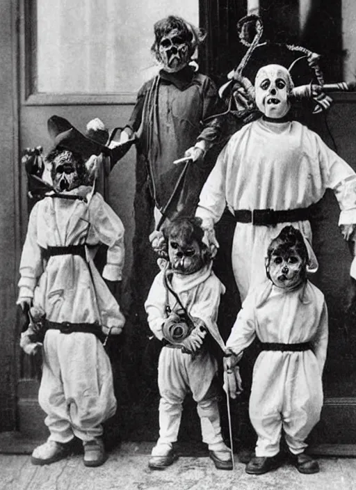 Prompt: photograph from 1903 of Halloween trick or treaters wearing Ghostbusters costumes, highly detailed, vintage film