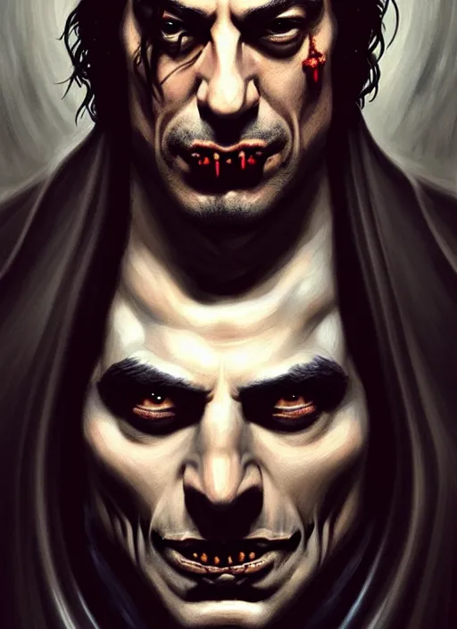 Image similar to Portrait of Javier Bardem as Dracula, D&D, muscular, fantasy, intricate, elegant, highly detailed, digital painting, artstation, concept art, smooth, sharp focus, illustration, art by artgerm and greg rutkowski and alphonse mucha