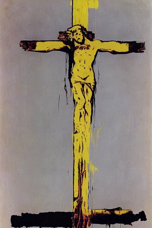 Image similar to bloody jesus christ crucified, yellow sky painted by andy warhol and cy twombly