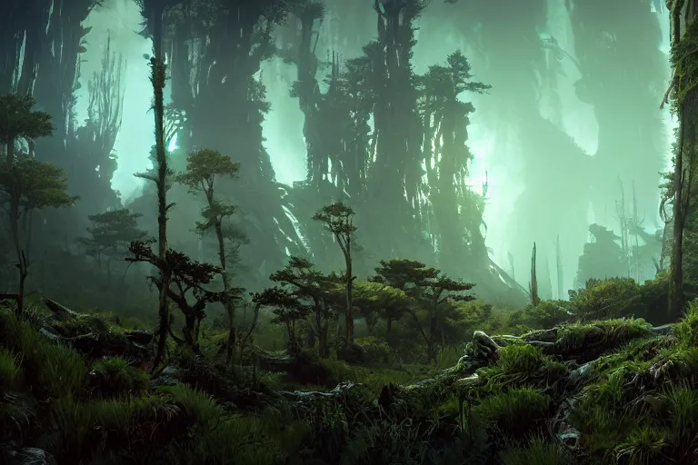 Image similar to wide epic shot from horizon forbidden west. a hyper detailed organic mechanic creatuve realistic similar look as horizon forbidden west horizon zero dawn, bioluminiscence in a dark deep forest at dawn in spring, with reflection and textures, by kilian eng, substance painter reaslitic mech surface metal painted scratches, world env from horizon forbidden west horizon zero dawn