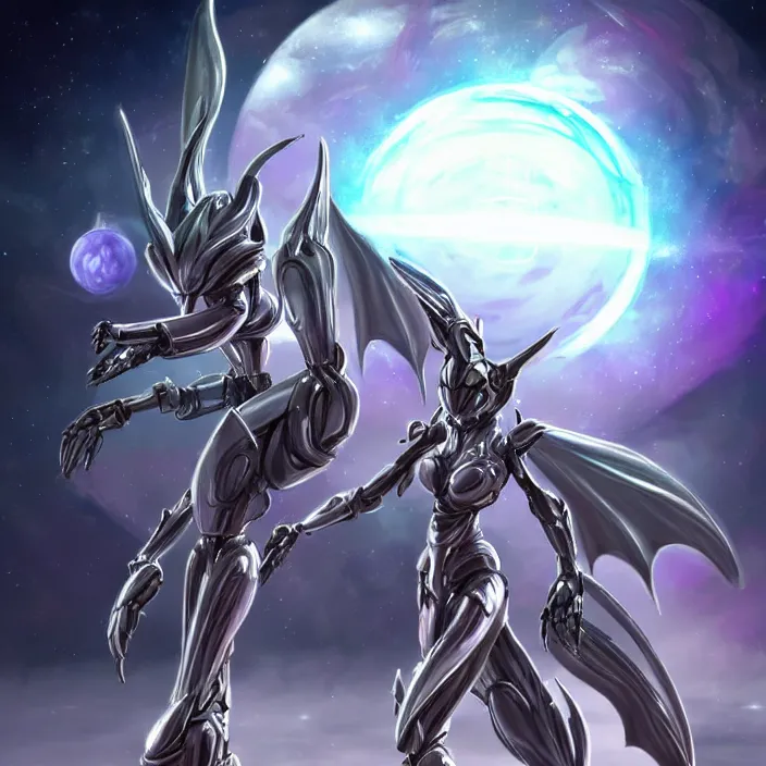 Image similar to goddess shot, galactic sized stunning beautiful anthropomorphic robot mecha female dragon, in space, larger than planets, posing elegantly, the earth a mere marble in her claws, detailed silver armor, epic proportions, epic scale, detailed digital art, ultra detailed, furry art, macro art, dragon art, giantess, warframe fanart, furaffinity, deviantart, realistic