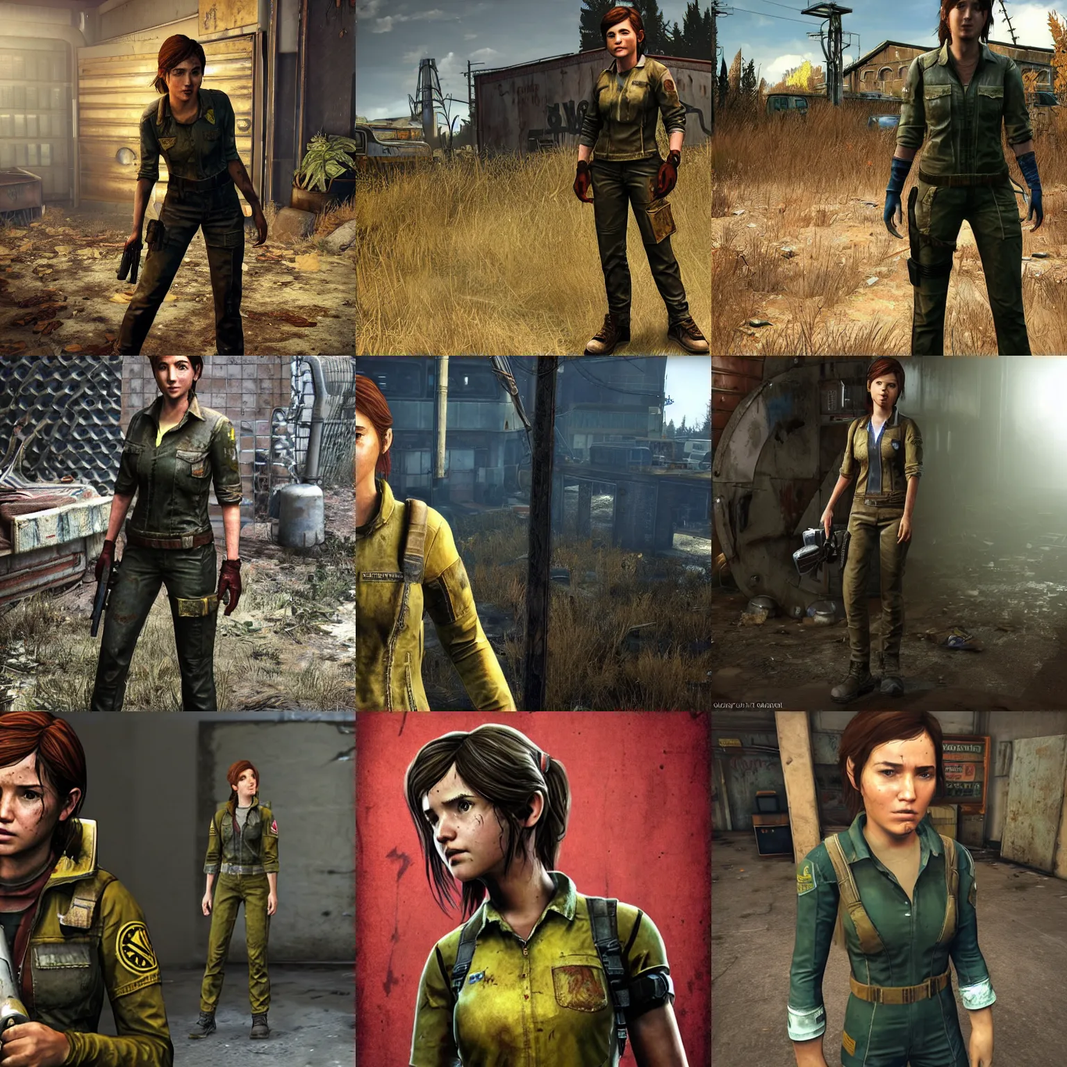 Prompt: Ellie from The Last of Us as vault dweller, wearing a vault suit, character from Fallout 4