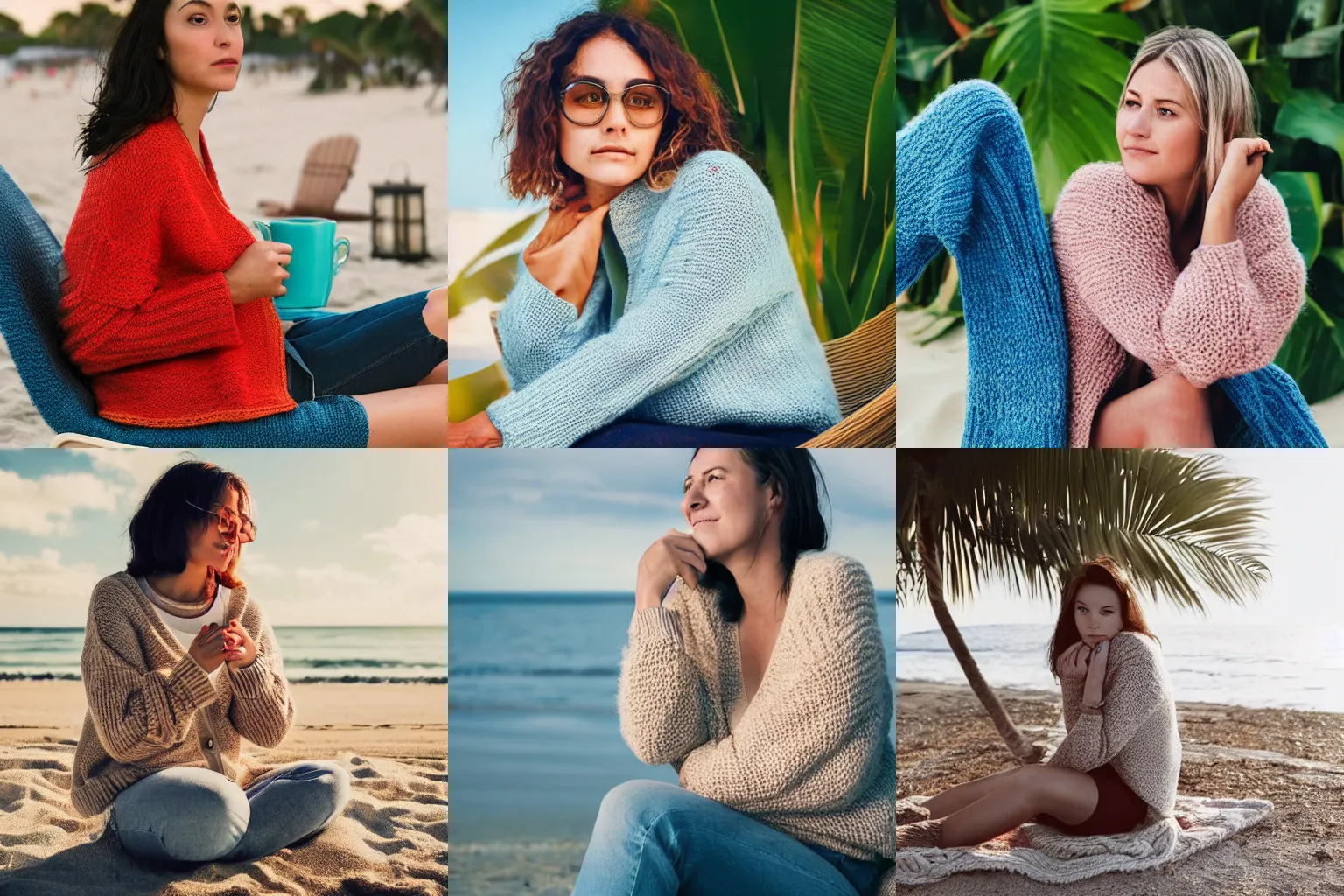 Prompt: a woman in her twenties wearing two cardigans over a knit sweater, shivering with her arms crossed tight, sitting in a lounge chair on a tropical beach in the summer, 2018, trending on instagram, photorealistic, 4k, 8k