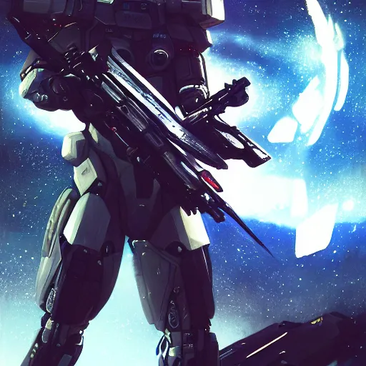 Image similar to award winning, extremely photorealistic, bokeh, beautiful detail, stars in the sky, cybernetic, sci-fi space game art, jeon Jungkook holding a gun. alien planet art by Akihito Yoshitomi AND Yoji Shinkawa AND Greg Rutkowski, Mark Arian trending on artstation