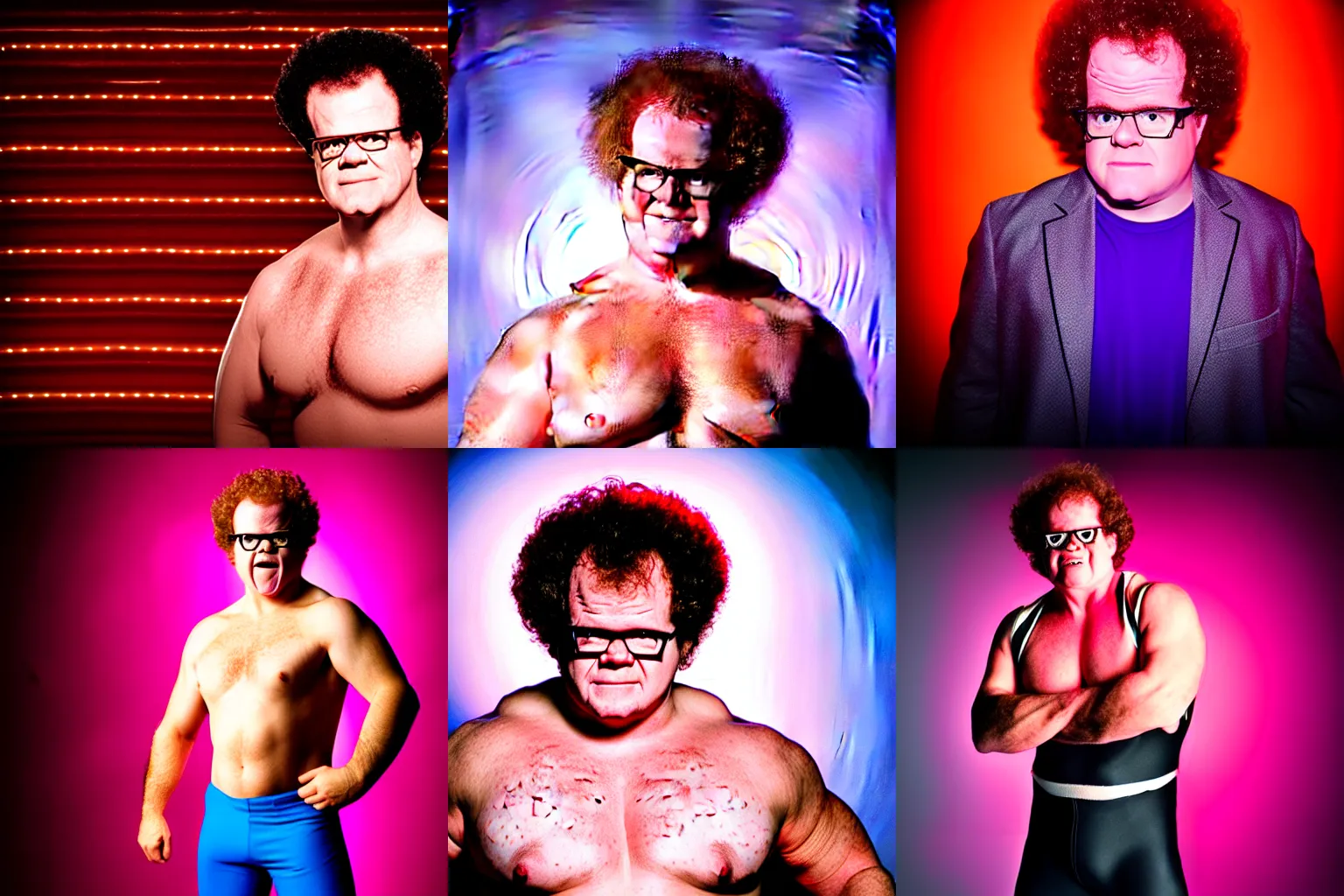 Prompt: Dr Steve Brule as a hunk wrestler, promotional photo, neon studio lighting, highly reflective