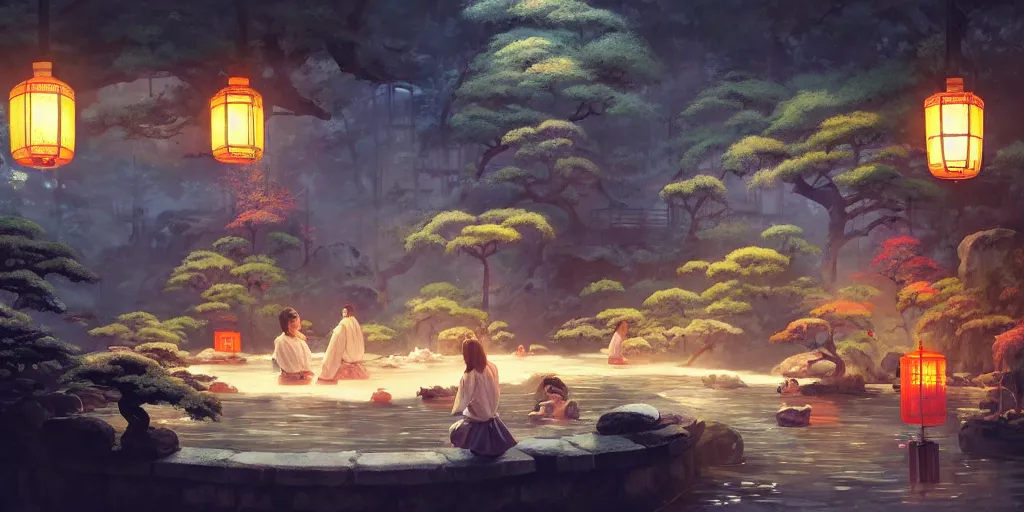 Image similar to painting of private magical onsen next to japanese inn with levitating lanterns and dragon spirits by greg rutkowski craig mullins ross tran cozy hot springs bonsai zen garden steamy flowers japanese motifs concept art clear focus fantasy d & d cinematic lighting unreal engine lumen trending on artstation