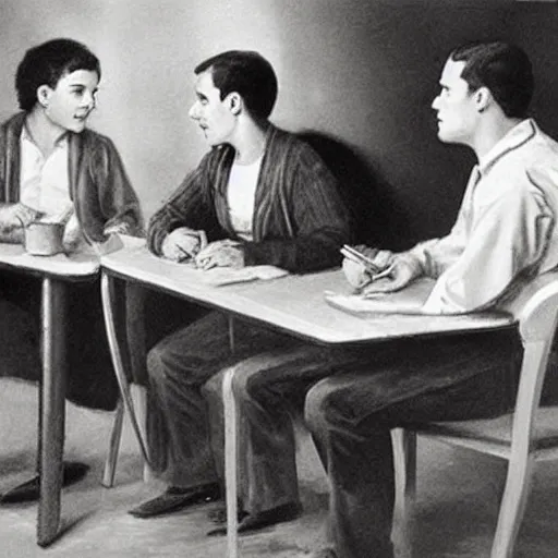 Image similar to Three students talking at a table artwork by Andrew Loomis