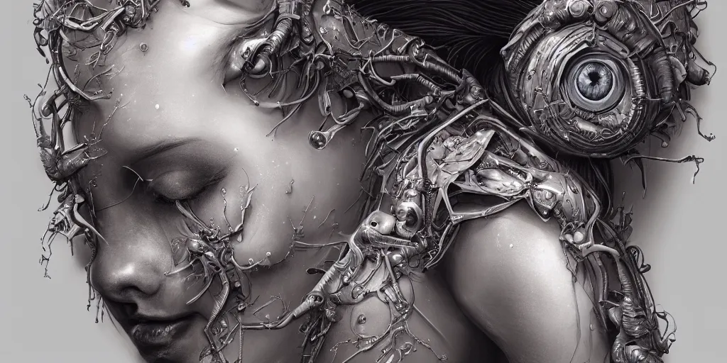 Prompt: hyperrealistic photography of a highly detailed and symmetrical gorgeous cyborg female, elbow, armpit, knee, hands holding in the style of beth cavener, jin kagetsu, james jean and wlop, highly detailed, face symmetry, masterpiece, award - winning, sharp focus, intricate concept art, ambient lighting, 8 k, artstation