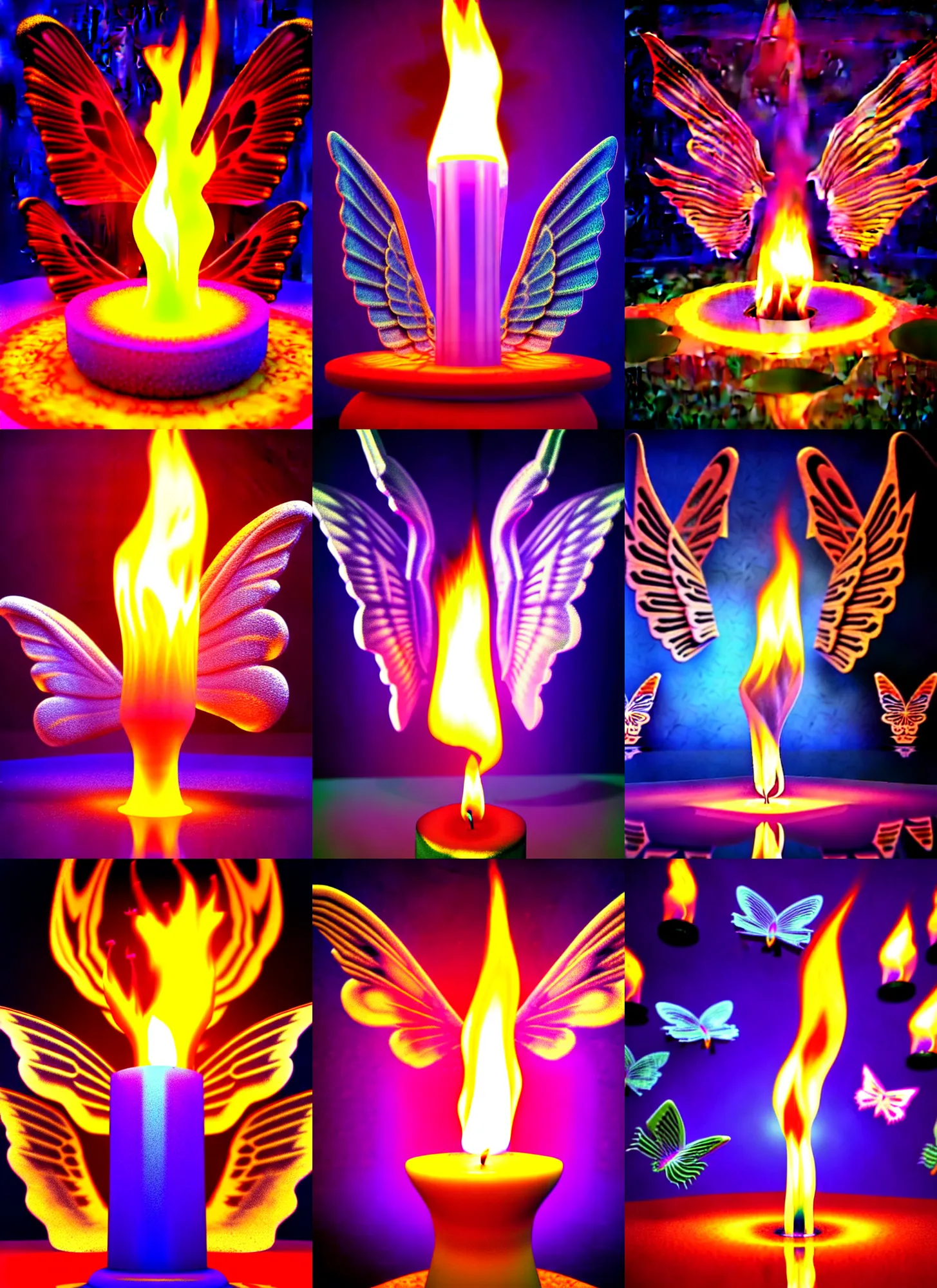 Prompt: 3 d render of melting candle small flame on a open tome melting with angel wings against a psychedelic surreal background with 3 d butterflies and 3 d flowers n the style of 1 9 9 0's cg graphics 3 d rendered y 2 k aesthetic by ichiro tanida, 3 do magazine, wide shot