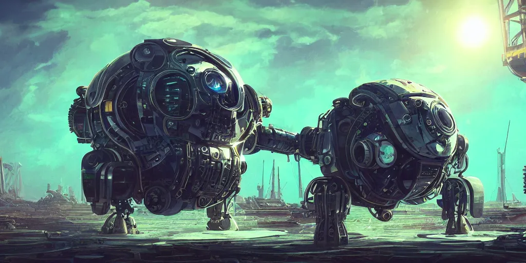 Prompt: huge mechanical creature robot in the middle, its big round eye facing the camera, the eye emits a radiating glowing aura, symmetrical, global illumination, ray tracing, underwater background, diesel punk vibes, hdr, fanart, artstation, by ian pesty and alena aenami, artworks, 4 k