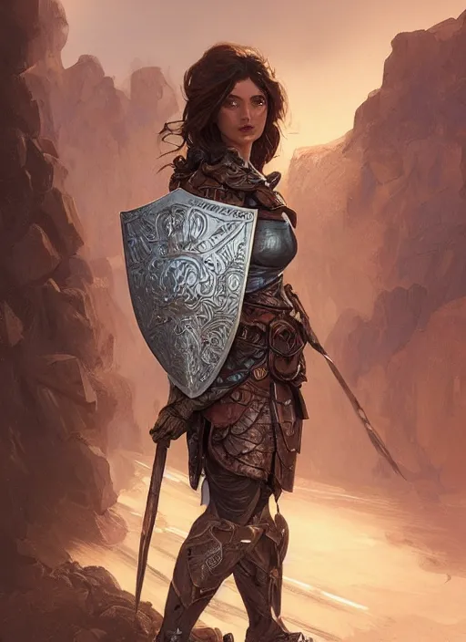 Image similar to portrait of a rugged female as a bruised knight with a shield and armor, fantasy, intricate, headshot, highly detailed, digital painting, artstation, concept art, sharp focus, cinematic lighting, illustration, art by artgerm and greg rutkowski, alphonse mucha, cgsociety