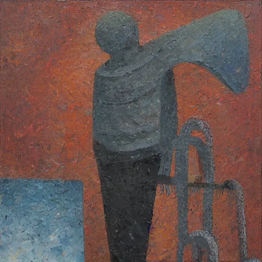 Prompt: a detailed impasto painting by shaun tan of an abstract forgotten sculpture by the caretaker and ivan seal