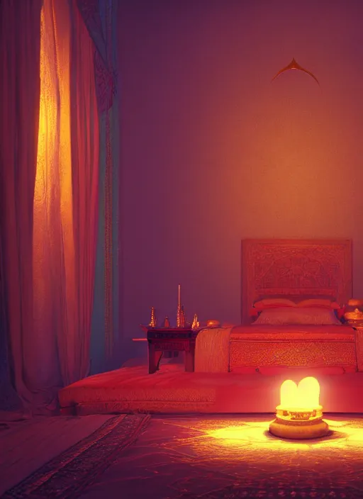 Image similar to beautiful interior of an arabian nights bedchamber, orientalism style, delphin enjolras, goro fujita, makoto shinkai, volumetric lighting, exquisite lighting, octane render, trending on artstation