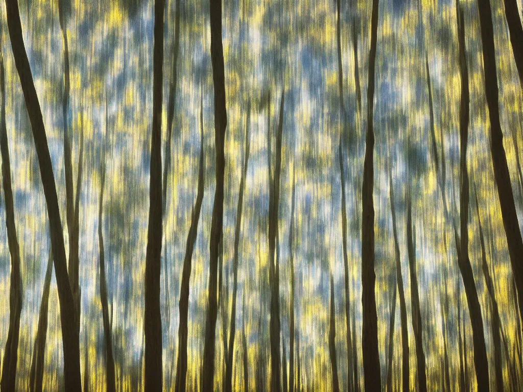 Prompt: double exposure photograph of tens of eucalyptus trees, soft light, autumn, in the style of edward steichen and klee,