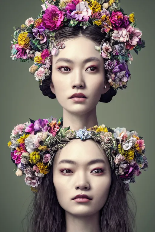 Image similar to a beautiful portrait of a singular empress, with a brilliant, impossible striking big flower headpiece, clothes entirely made out of flowers, symmetrical, dramatic studio lighting, rococo, baroque, jewels, asian, hyperrealism, closeup, D&D, fantasy, intricate, elegant, highly detailed, digital painting, artstation, octane render, 8k, concept art, matte, sharp focus, illustration, art by Artgerm and Greg Rutkowski and Alphonse Mucha