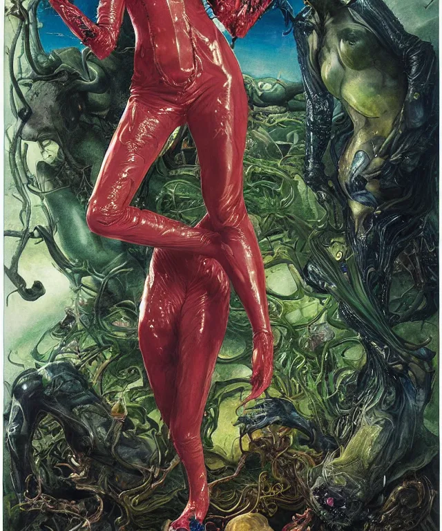 Image similar to a portrait photograph of a fierce mutated hybrid super villian with slimy skin. she looks like cate blanchet and is showing off a colorful infected bulbous shiny organic catsuit. by donato giancola, hans holbein, walton ford, gaston bussiere, peter mohrbacher and brian froud. 8 k, cgsociety, fashion editorial