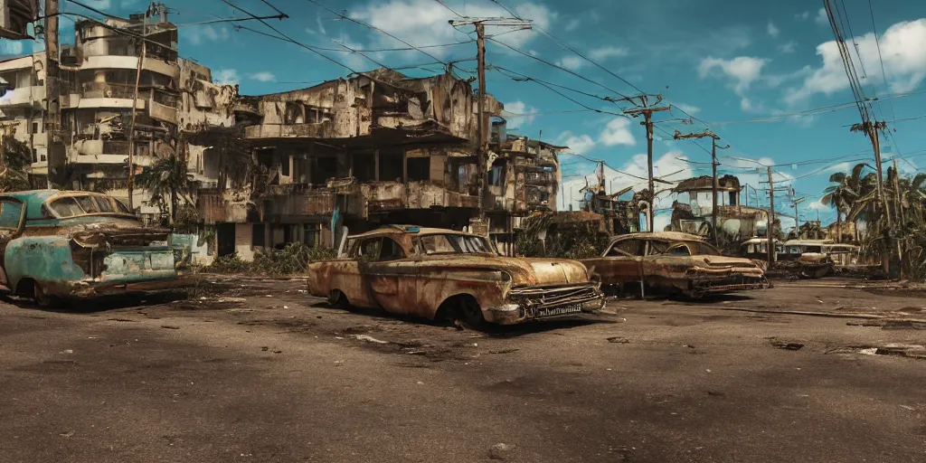 Prompt: wide angle shot of dilapidated fallout 5 tropical coastal city in real life, desolate, dilapidated, empty streets, some rusted retro futuristic vintage styled parked vehicles like cars, buses, trucks, trams, sunny weather, few clouds, volumetric lighting, photorealistic, daytime, spring, sharp focus, ultra detailed, technicolour 1