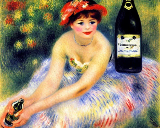 Prompt: vintage, big champagne bottle. cancan girl sitting on the big bottle, french, realistic, cheerful, 1 9 0 2, art by renoir