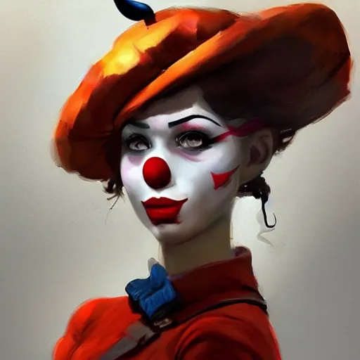 Image similar to portrait of beautiful clown girl in team fortress 2 style, tragic, military art, concept art, fantasy, hd shot, digital portrait, beautiful, artstation, comic style, by artgerm, guy denning, jakub rozalski, magali villeneuve and charlie bowater