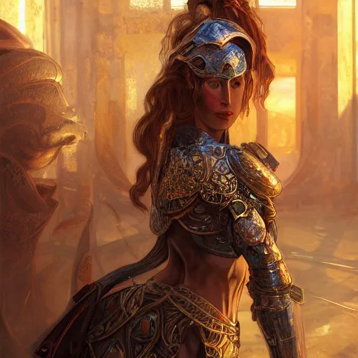 Image similar to portrait knights of Zodiac girl, metallic black and reddish color reflected armor, in ruined Agora of Athens, ssci-fi, fantasy, intricate, very very beautiful, elegant, golden light, highly detailed, digital painting, artstation, concept art, smooth, sharp focus, illustration, art by WLOP and tian zi and alphonse mucha