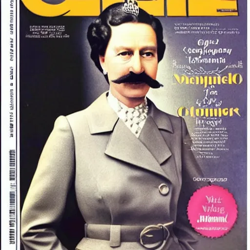 Prompt: the queen of england with hitler mustache in a magazine cover photo. highly detailed hair