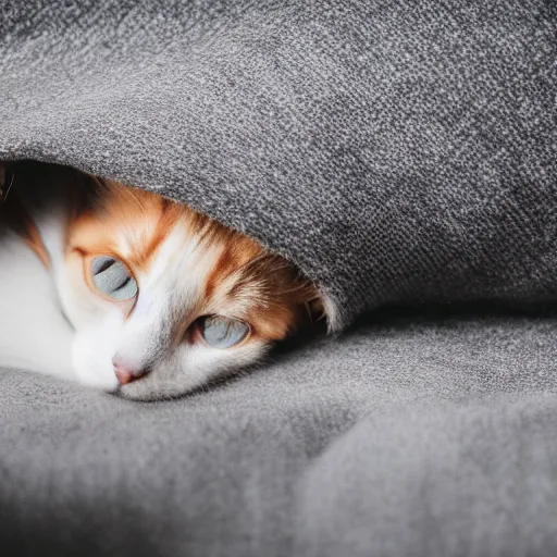 Prompt: a sadcat laying under a blanket, canon eos r 3, f / 1. 4, iso 2 0 0, 1 / 1 6 0 s, 8 k, raw, unedited, symmetrical balance, in - frame