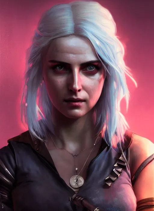 Image similar to portrait of Ciri from the Witcher as a character in Cyberpunk 2077, looking at camera, intricate, elegant, sci-fi, extremely detailed, digital painting, artstation, concept art, smooth, sharp focus, illustration, ambient lighting, incredible art by artgerm and greg rutkowski and alphonse mucha and simon stalenhag