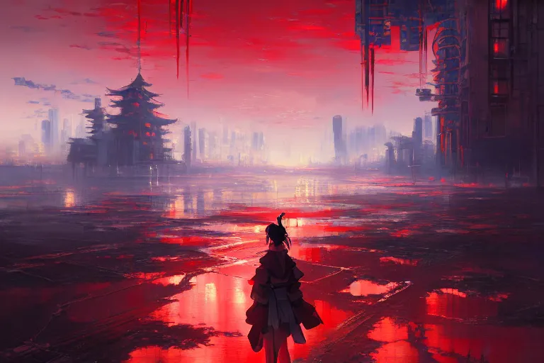 Image similar to baroque oil painting of anime key visual concept art of a samurai girl, red futuristic concrete cityscapes, falling petals, background moonlight, trending on artstation, palette knife and brush strokes, oil on canvas, style of makoto shinkai greg rutkowski studio ghibli