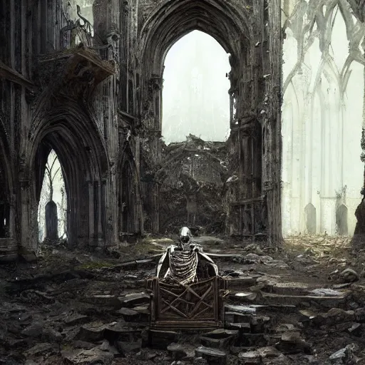 Image similar to Skeleton wearing ragged clothes and a plate armour resting on a throne inside a ruined cathedral, oil painting, by Greg Rutkowski