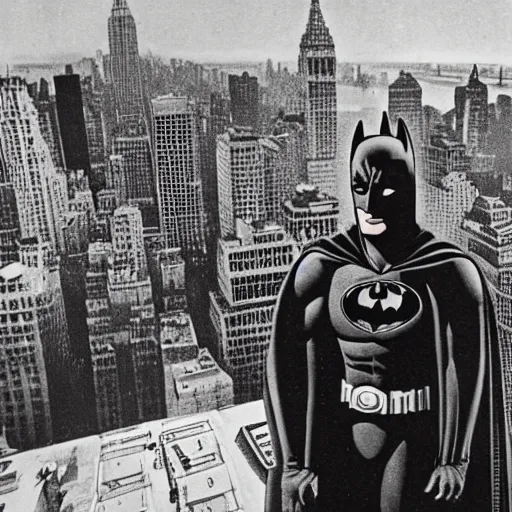 Prompt: old black and white photo, 1 9 1 3, depicting batman from dark knight on top of buildings of new york city, rule of thirds, historical record