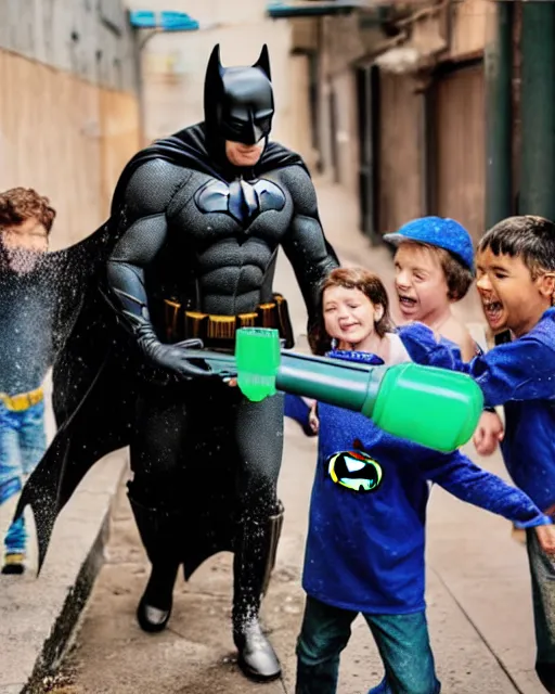 Image similar to happy batman firing super soaker water gun in an alleyway with a group of children having fun, toy product advertisement, photography