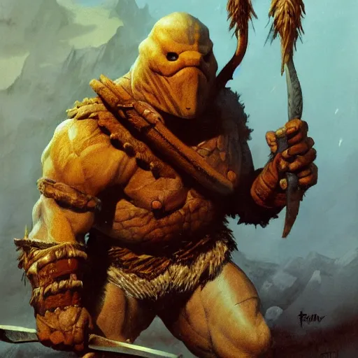 Image similar to anthropomorphic turtle barbarian humanoid by frank frazetta, carapace, blizzard, winter, night, furs, fantasy