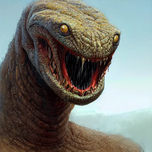 Image similar to vladimir putin, is bald prehistoric snake reptile creature, toothless, horror macabre by donato giancola and greg rutkowski and wayne barlow and zdzisław beksinski, realistic face, digital art