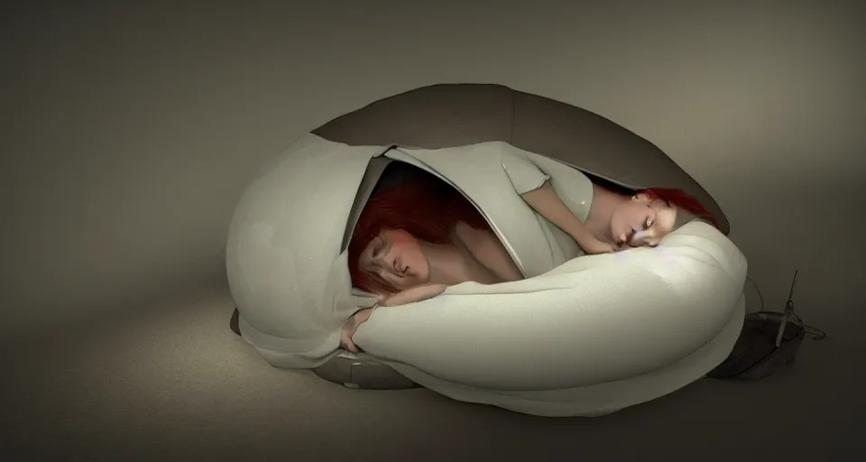 Image similar to a woman sleeping in a hibernation pod by norman rockwell, side view, high tech, dramatic lighting, unreal engine 5, octane rendering, ray tracing