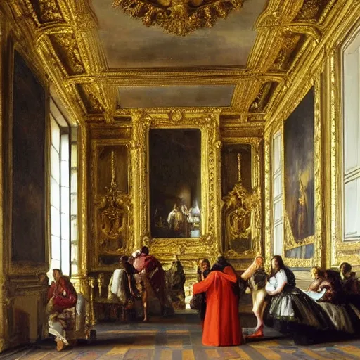 Prompt: fine art, oil on canvas baroque style by diego velasquez. the interior of the palace of versailles in france. fine art in the walls and